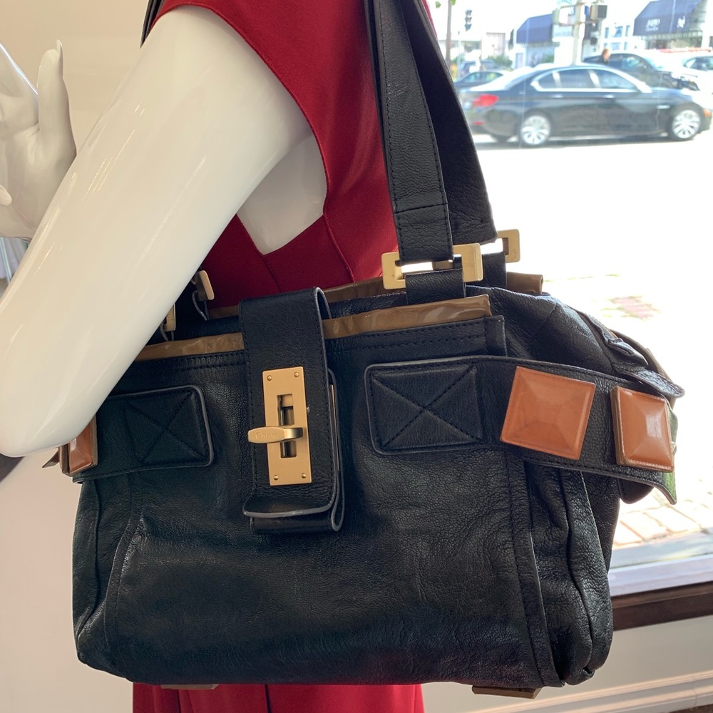 Chloe Black Leather Shoulder Bag with Brown Accent